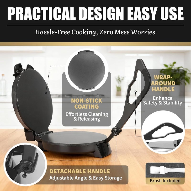 FineMade Compact 10'' Roti Maker Machine, Electric Tortilla Press with Detachable Handle, Prensa Para Tortillas,Chapati Maker Machine, Burrito Maker, Tortillera, Black - Image 5